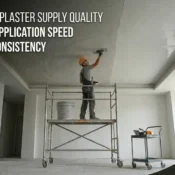 Construction worker applying gypsum plaster on an interior ceiling using a trowel with a gypsum plaster product bag displayed nearby, representing the Best Gypsum Plaster Supplier in India