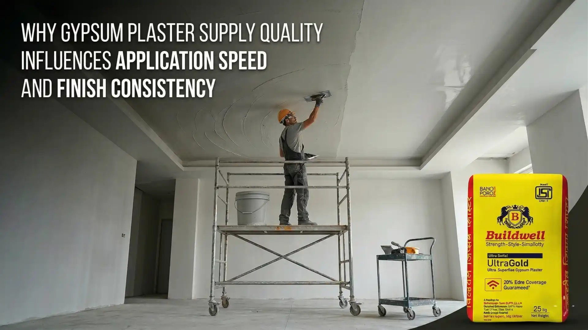 Construction worker applying gypsum plaster on an interior ceiling using a trowel with a gypsum plaster product bag displayed nearby, representing the Best Gypsum Plaster Supplier in India