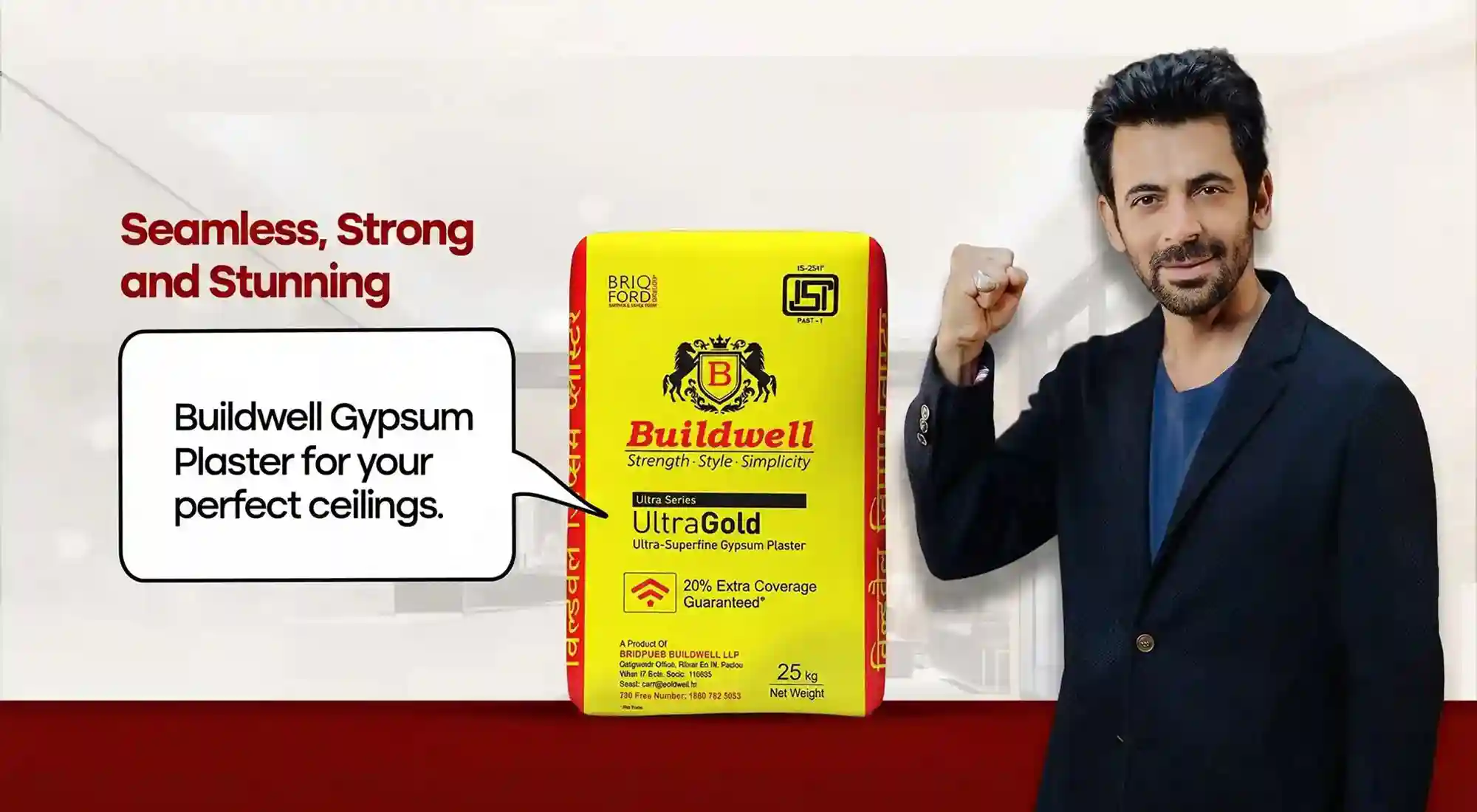 Actor endorsing Buildwell Gypsum Plaster UltraGold with tagline seamless, strong and stunning, showing 25kg plaster bag for perfect ceilings