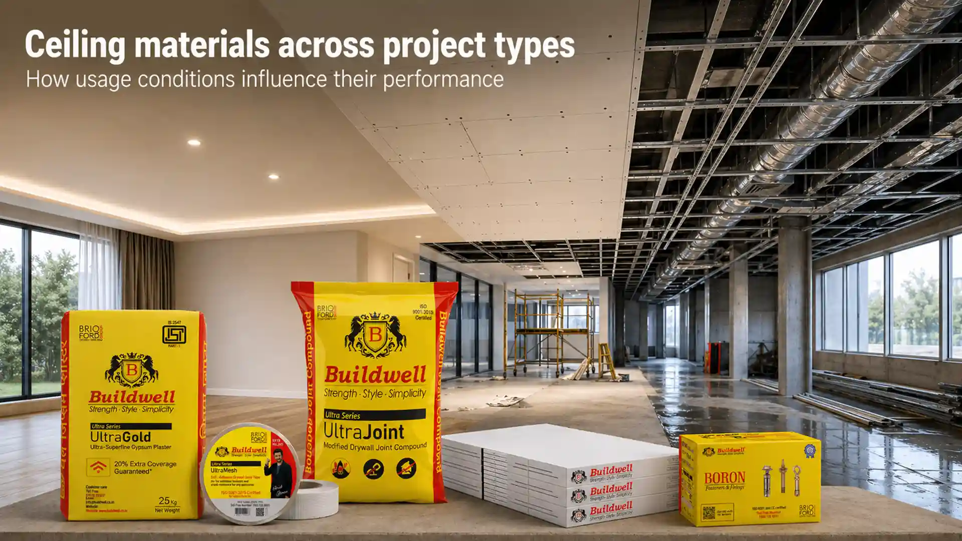 ceiling materials including gypsum boards, joint compound, plaster and screws used in modern interior ceiling construction