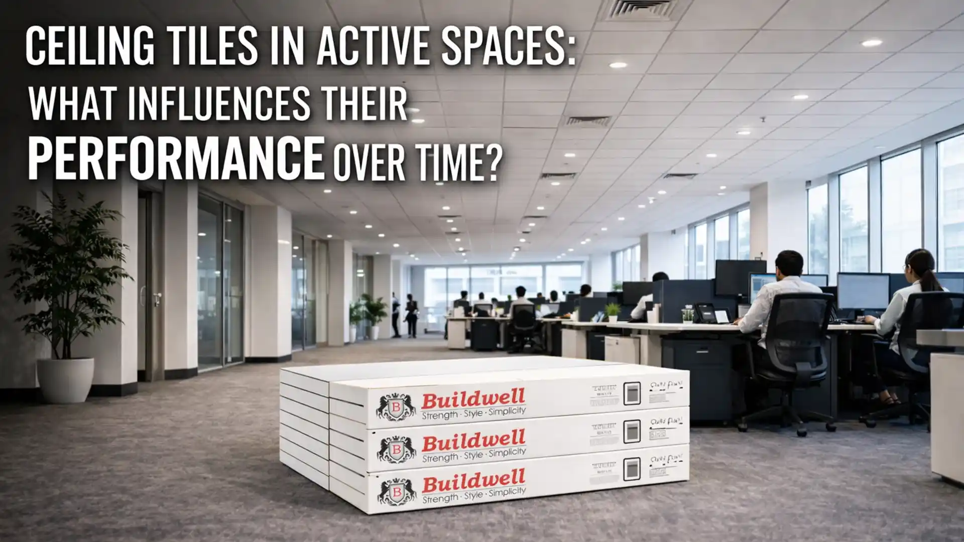 office interior with installed ceiling tiles and stacked ceiling tile panels showing performance and durability by best ceiling tiles brand in India