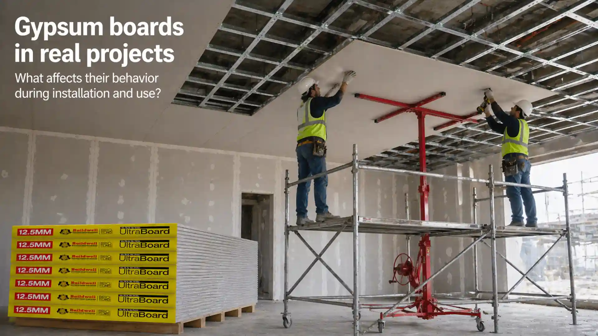 gypsum boards installation on ceiling in construction site showing workers fitting drywall panels for interior finishing