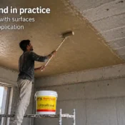 gypsum bond application on concrete ceiling showing worker applying bonding agent before plastering for better adhesion