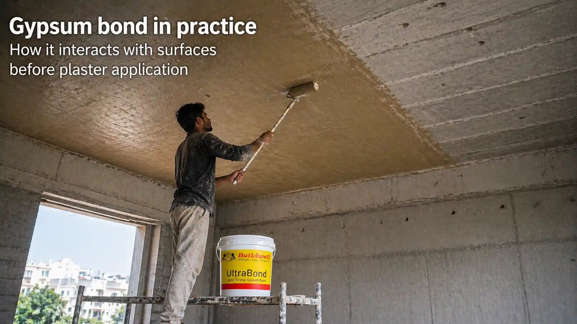 gypsum bond application on concrete ceiling showing worker applying bonding agent before plastering for better adhesion