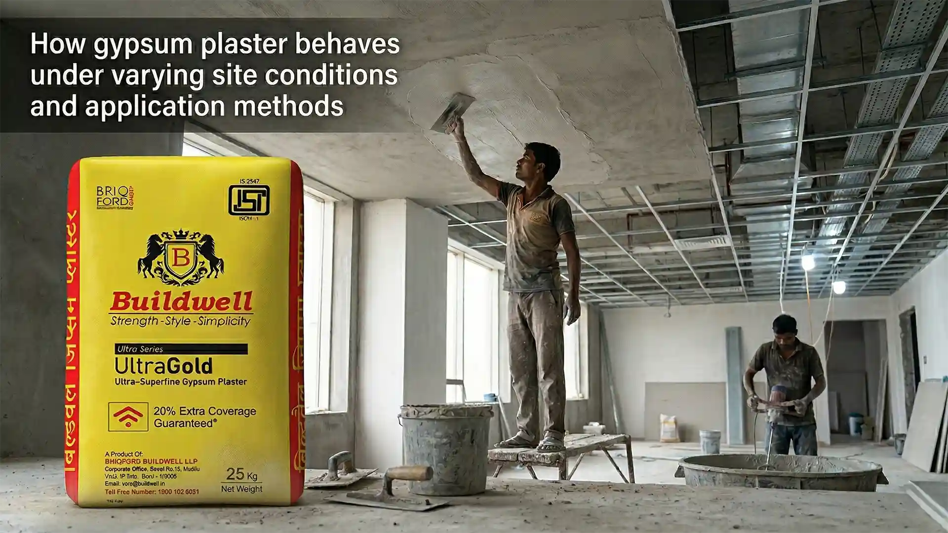 Workers applying gypsum plaster on an interior ceiling at a construction site with packaged gypsum plaster, showing the Best Gypsum Plaster Brand in India