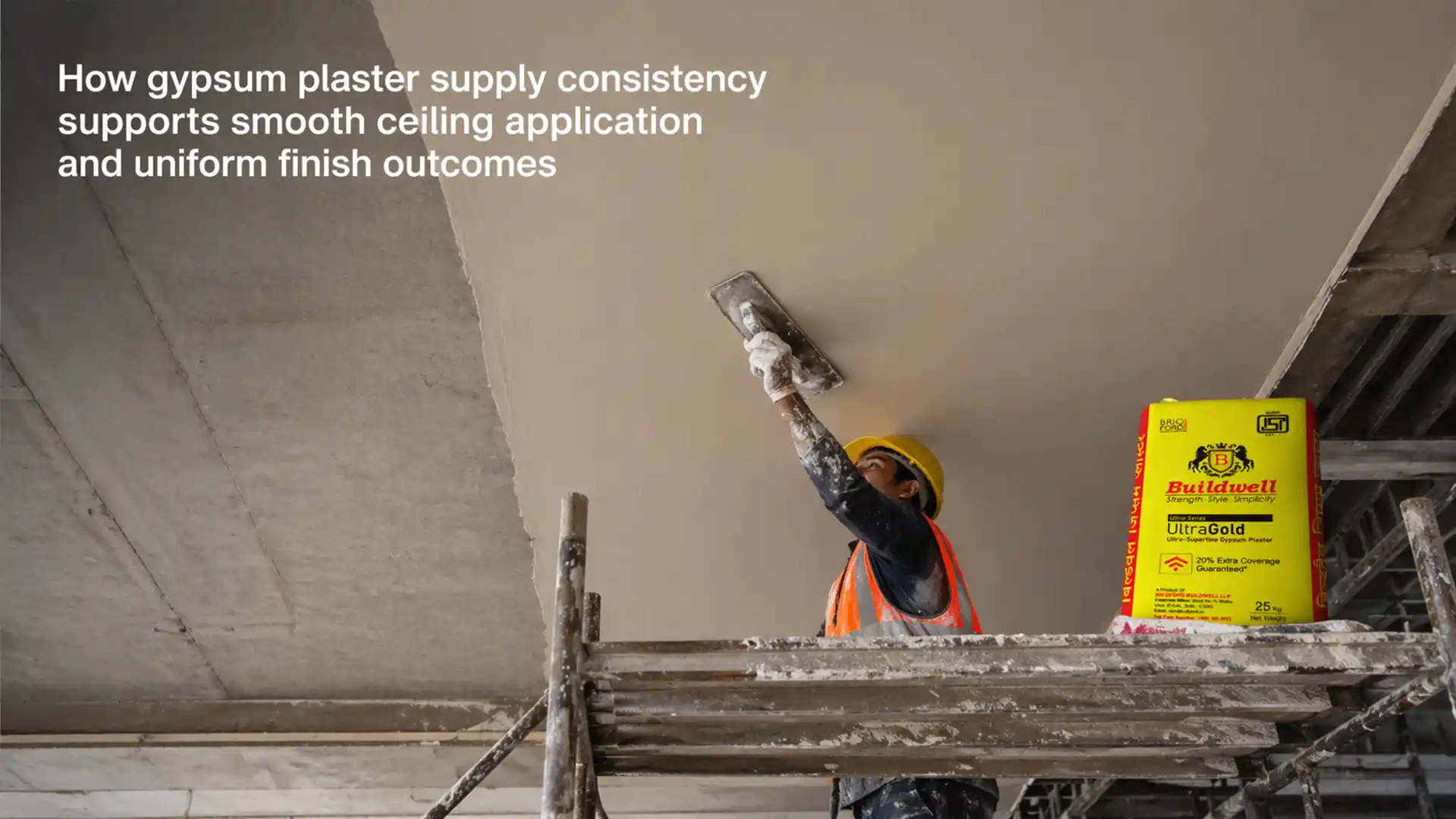 best gypsum plaster supplier in India showing worker applying plaster for smooth ceiling finish with consistent material quality