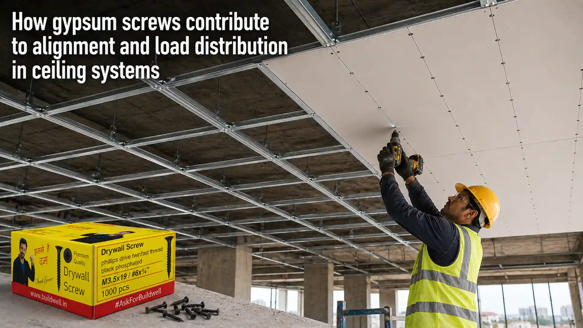 gypsum screw installation in ceiling system showing worker fixing drywall panels with precision and alignment