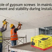 Gypsum screw used for drywall and gypsum board installation showing workers fixing ceiling boards with durable gypsum screws