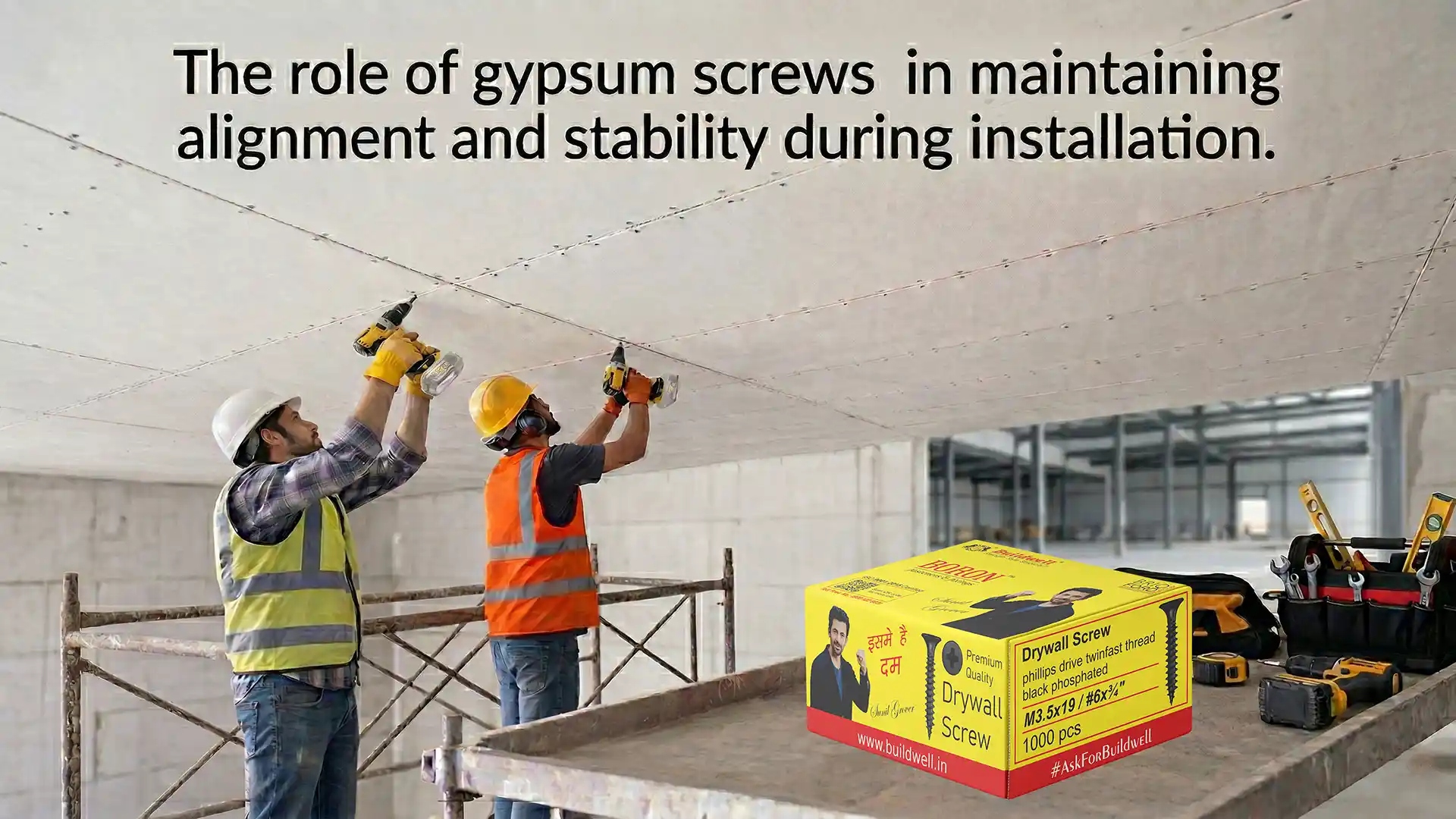 Gypsum screw used for drywall and gypsum board installation showing workers fixing ceiling boards with durable gypsum screws
