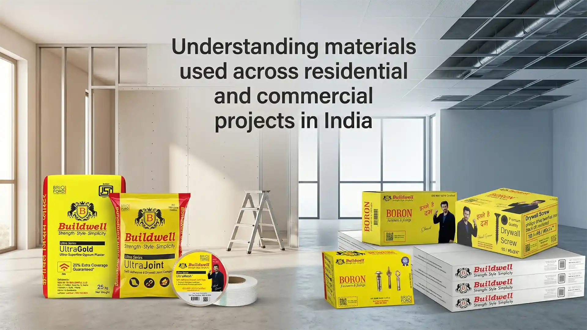 Ceiling materials including gypsum boards, drywall screws, and joint compounds used for residential and commercial ceiling construction