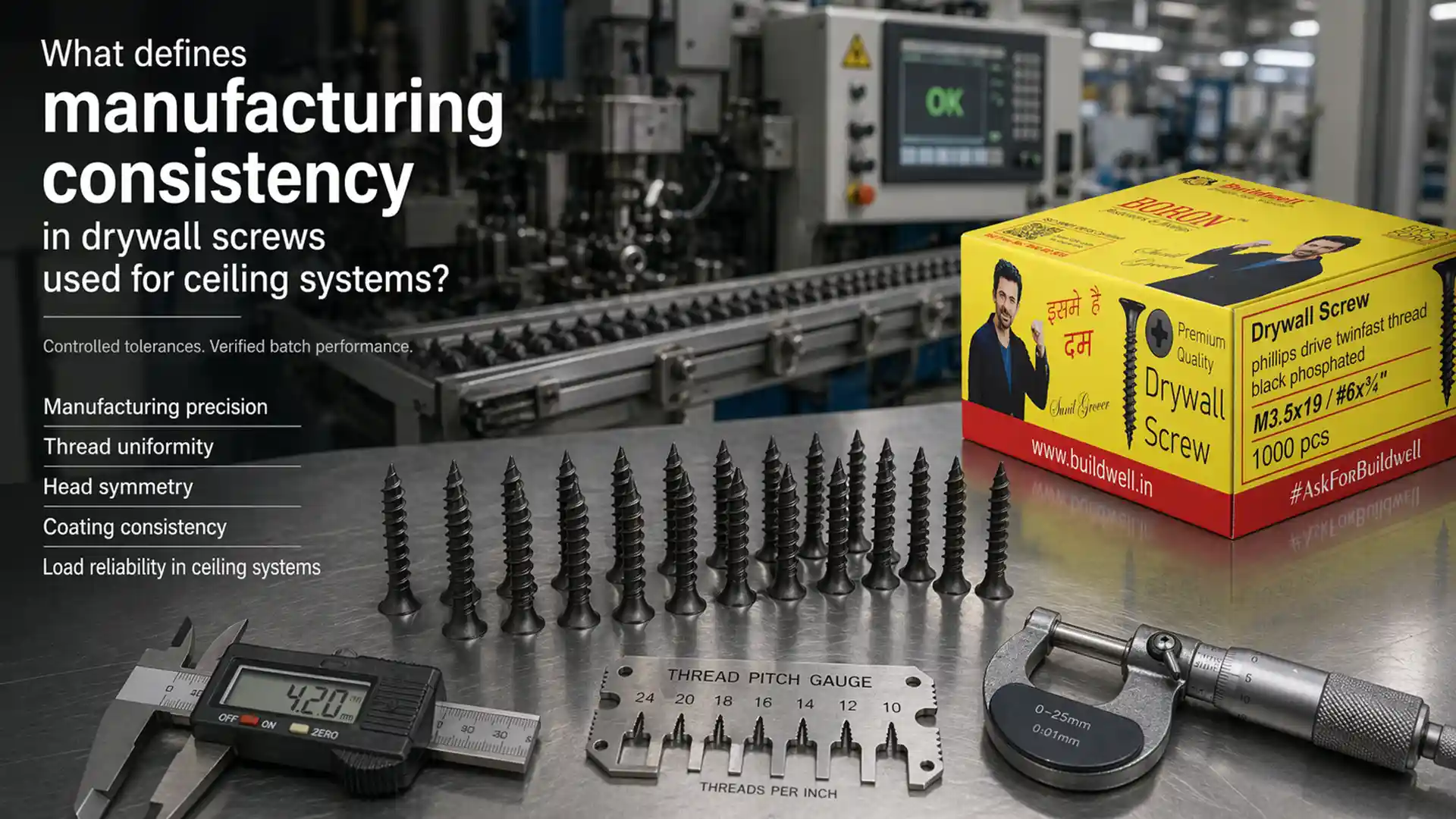 drywall screw manufacturer in India showcasing precision tools and uniform high-quality screws for ceiling systems