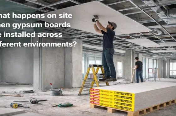 What happens on site when gypsum boards are installed across different environments?