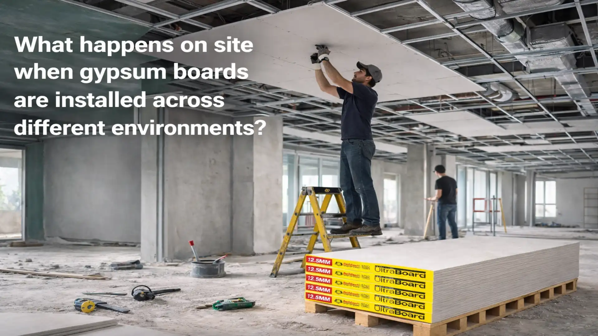 Construction workers installing gypsum boards on a false ceiling framework at a commercial site, representing the Best Gypsum Board Brand in India
