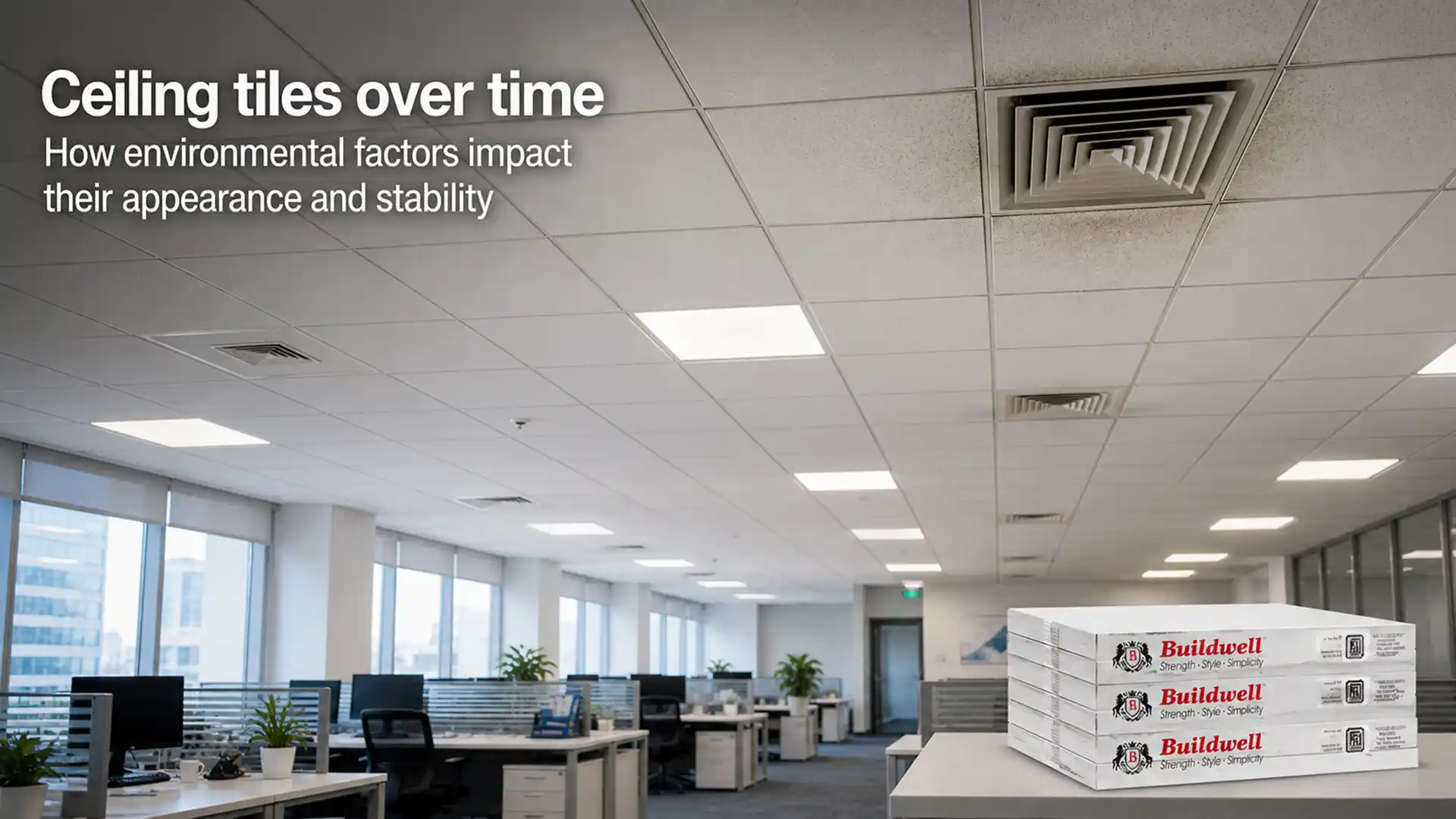 Ceiling Tiles in modern office space showing clean finish, durability, and resistance to environmental impact over time