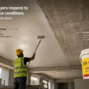 Worker applying gypsum bond coating on a concrete ceiling surface using products from the best gypsum bond supplier in India for improved plaster adhesion and smooth finishing