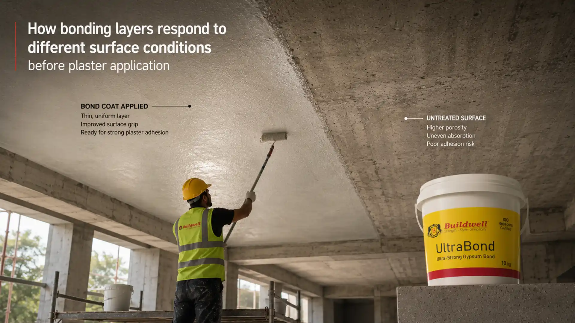 Worker applying gypsum bond coating on a concrete ceiling surface using products from the best gypsum bond supplier in India for improved plaster adhesion and smooth finishing