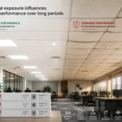 Modern office interior comparing stable and damaged ceiling surfaces with products from the Best Ceiling Tiles Brand in India designed for durability and moisture resistance