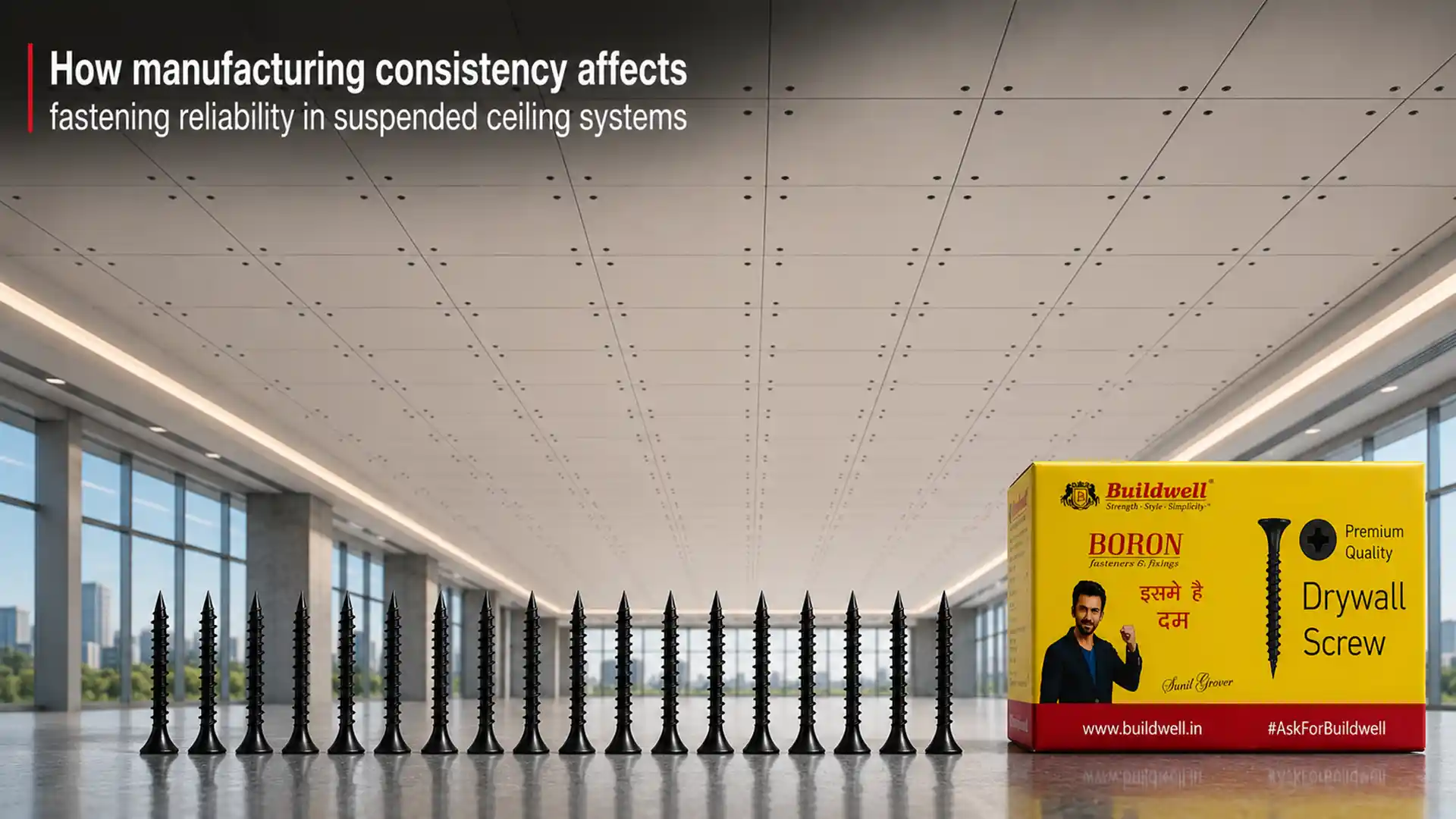 Drywall Screw Manufacturer in India showcasing precision-engineered drywall screws for uniform fastening reliability in suspended ceiling systems