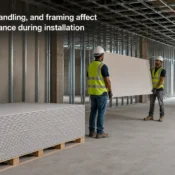 Gypsum Boards being handled and installed on a construction site with metal framing for durable ceiling and partition applications