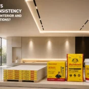 Modern interior space showcasing false ceiling and interior products including gypsum boards, joint compounds, gypsum bond, screws, and plaster for smooth finishing consistency