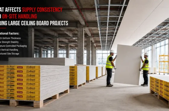 What affects supply consistency and on-site handling during large ceiling board projects