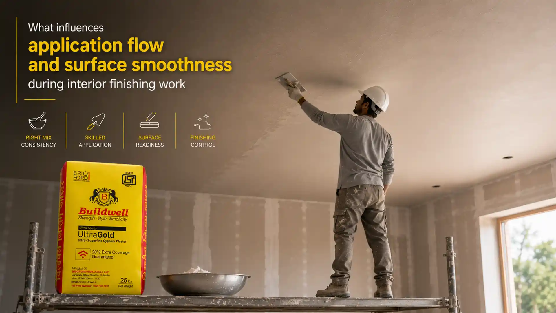 Gypsum Plaster application on interior ceiling for smooth finishing, surface readiness, and improved plaster flow during construction work