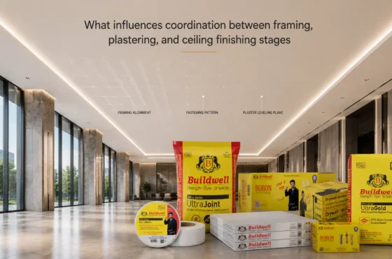 What influences coordination between framing, plastering, and ceiling finishing stages