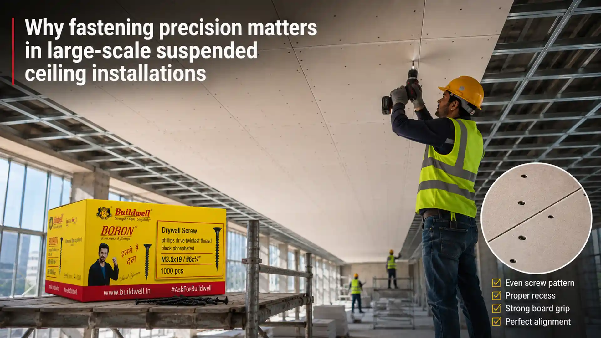 Worker installing suspended ceiling panels using premium drywall screws from a trusted drywall screw manufacturer in India for precise fastening and secure gypsum board alignment