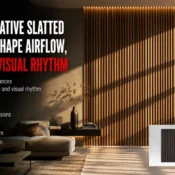 Modern interior featuring a decorative Louvre Panel wall that enhances airflow, balanced spacing, visual rhythm, and contemporary design aesthetics