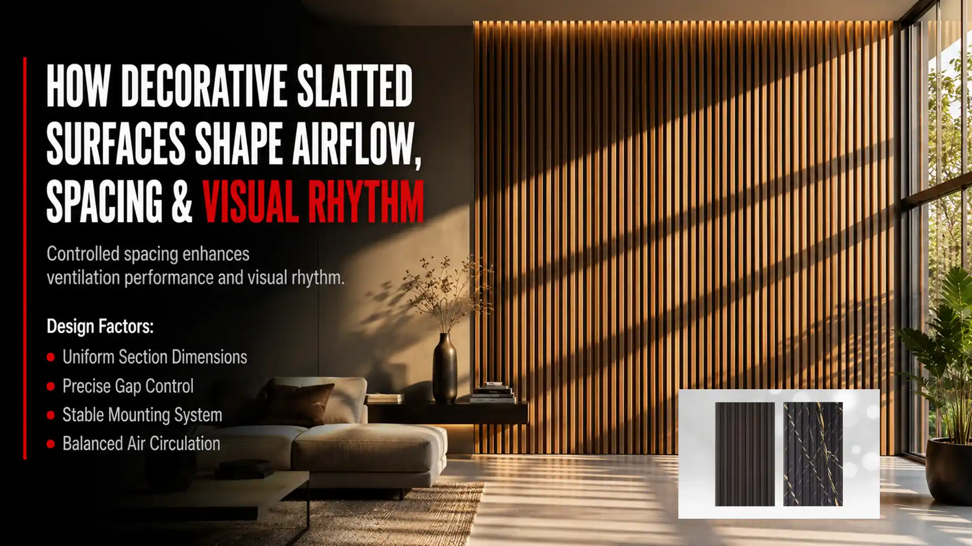 Modern interior featuring a decorative Louvre Panel wall that enhances airflow, balanced spacing, visual rhythm, and contemporary design aesthetics
