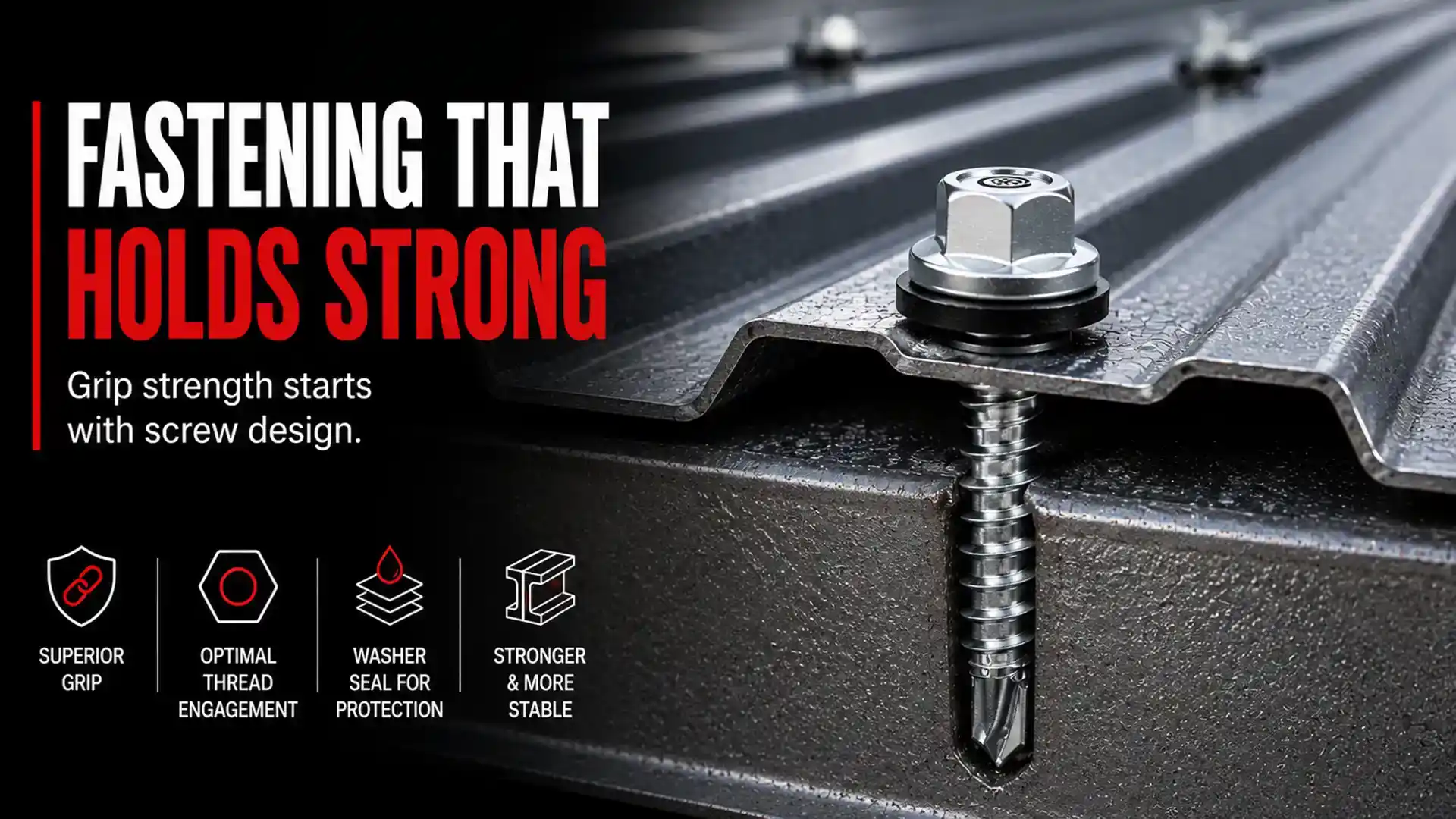 Close-up of a Hex Head Screw fastening a metal roofing sheet, demonstrating strong grip, thread engagement, sealing protection, and structural stability