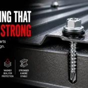 Close-up of a Hex Head Screw fastening a metal roofing sheet, demonstrating strong grip, thread engagement, sealing protection, and structural stability