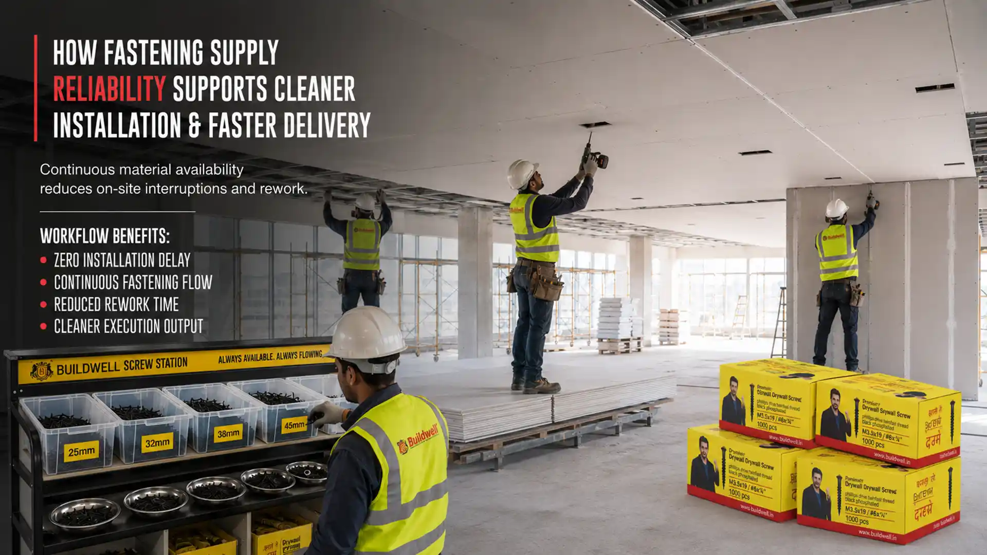 Best Drywall Screw Supplier in India providing consistent fastening supply for gypsum board installation, reduced delays, and efficient project execution