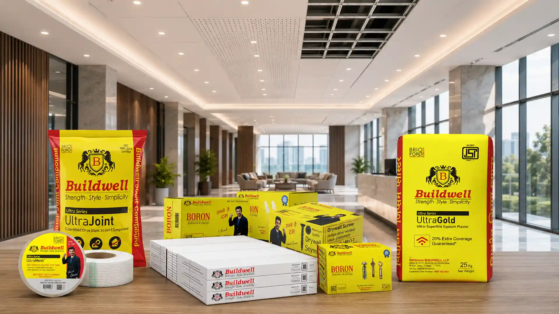 Premium Ceiling Materials by Buildwell including gypsum boards, gypsum plaster, joint compound, drywall screws, tapes, and ceiling accessories for long-lasting interior finishing.