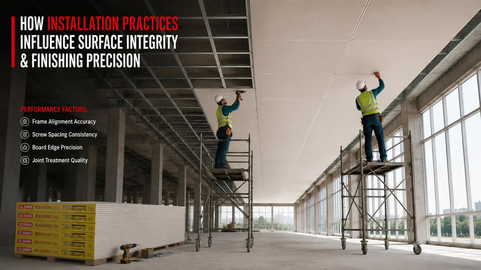 Gypsum Boards installation showing accurate ceiling framing, board alignment, and finishing techniques for superior surface quality and durability