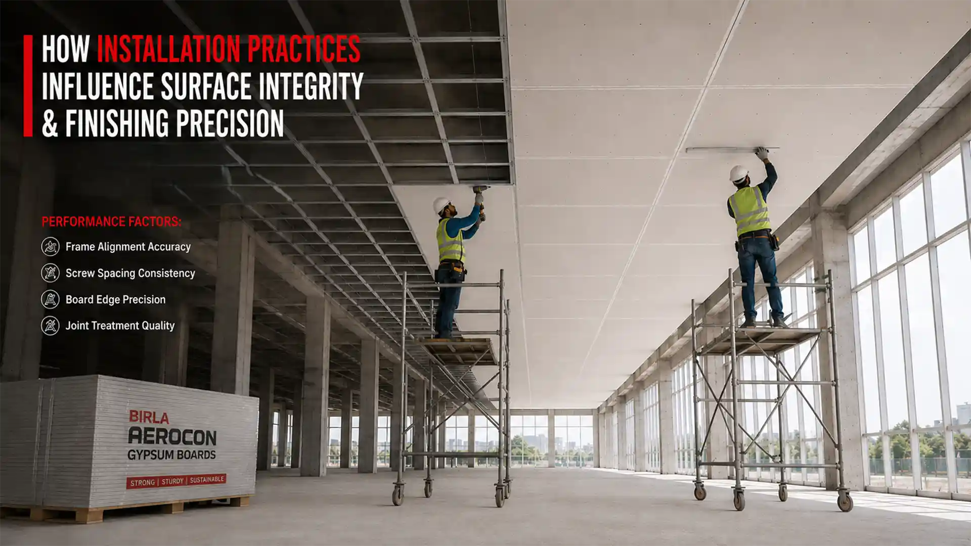 Gypsum Boards installation showing accurate ceiling framing, board alignment, and finishing techniques for superior surface quality and durability