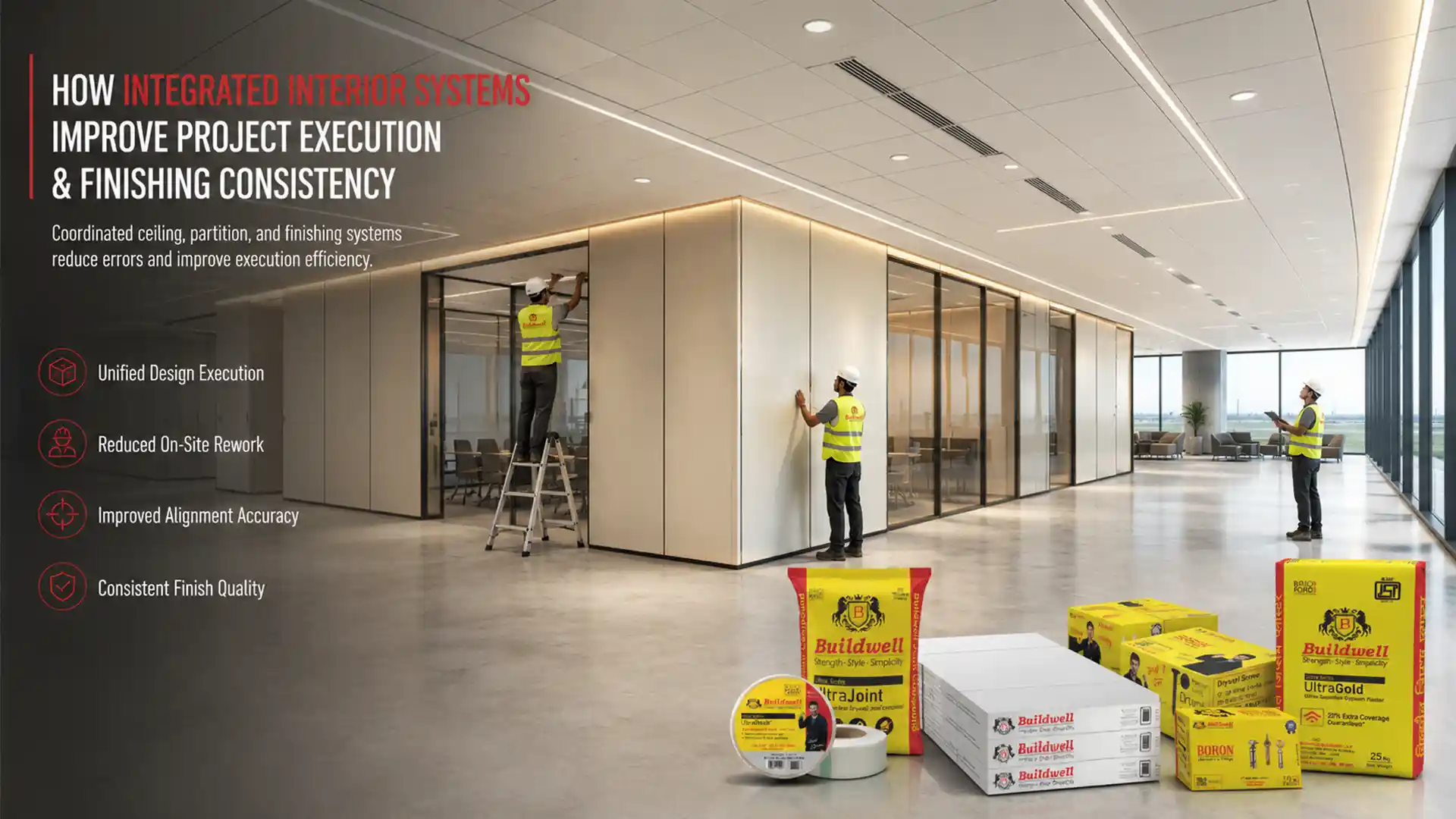 Integrated interior systems with false ceiling, partition, and finishing products improving project execution efficiency and finishing consistency