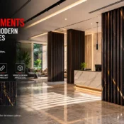 Premium WPC Louver panels enhancing modern commercial interiors with stylish vertical slats, durable construction, and contemporary architectural design