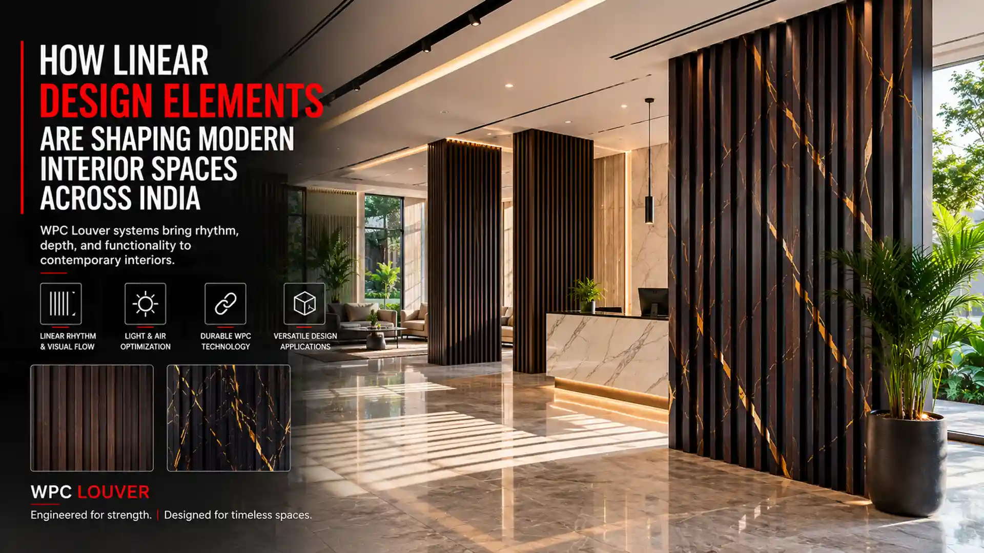 Premium WPC Louver panels enhancing modern commercial interiors with stylish vertical slats, durable construction, and contemporary architectural design