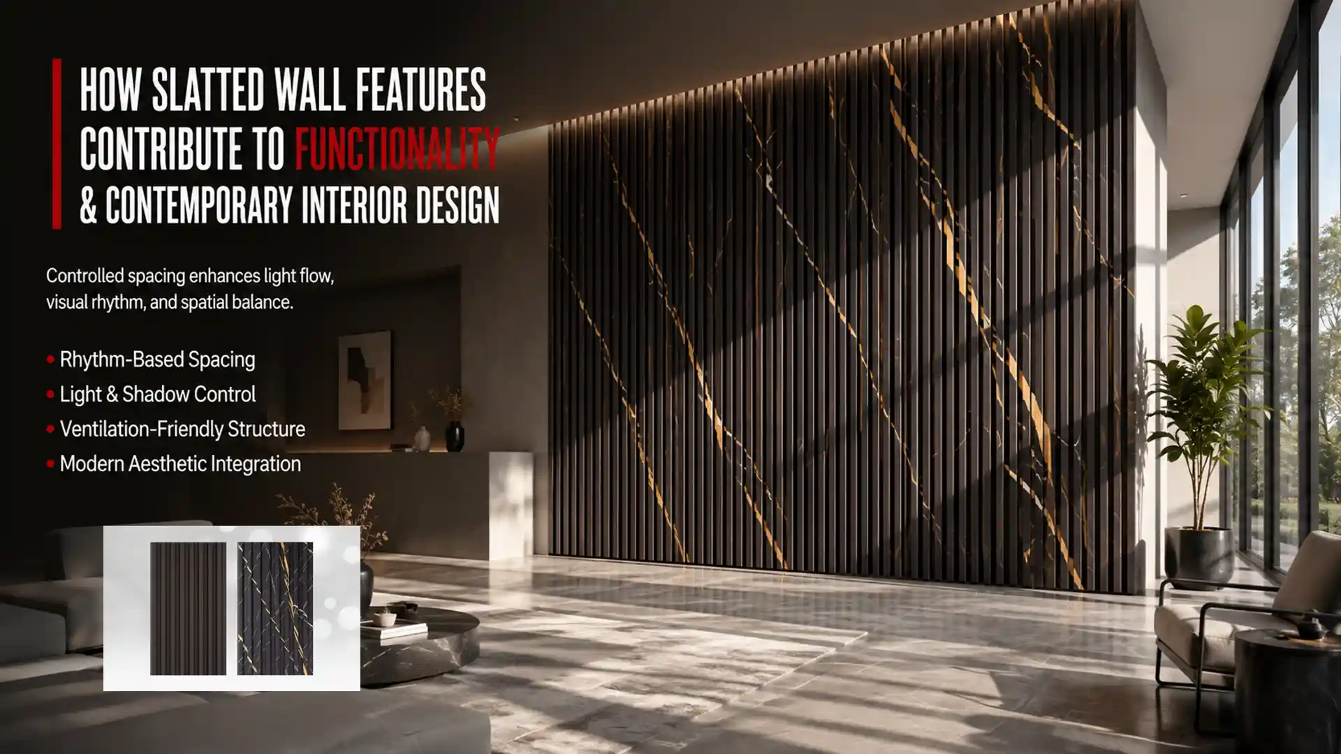 Premium Louvre Panel feature wall with elegant slatted design, enhancing functionality, ventilation, light flow, and contemporary interior aesthetics in modern spaces