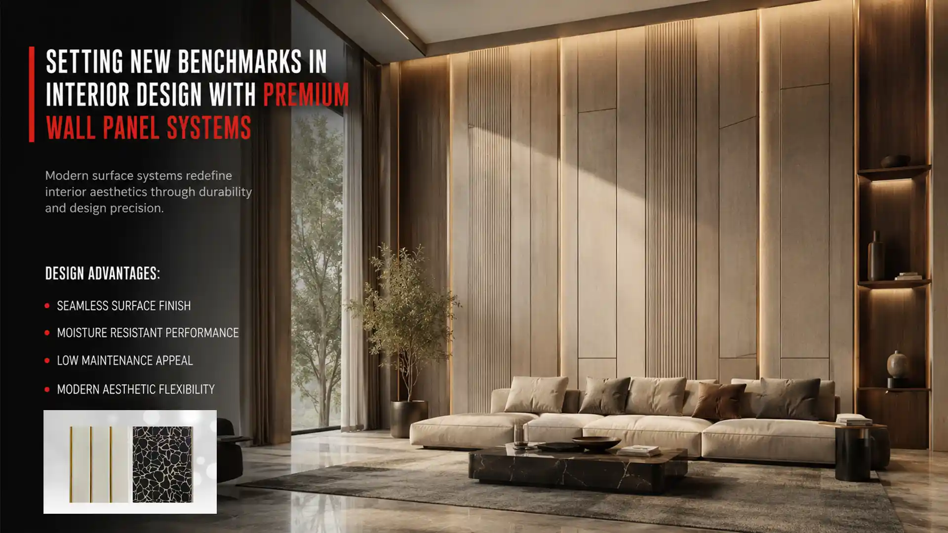 PVC Wall Panels Manufacturer showcasing premium decorative wall panel systems in a modern living room, featuring seamless finishes, moisture resistance, durability, and contemporary interior design