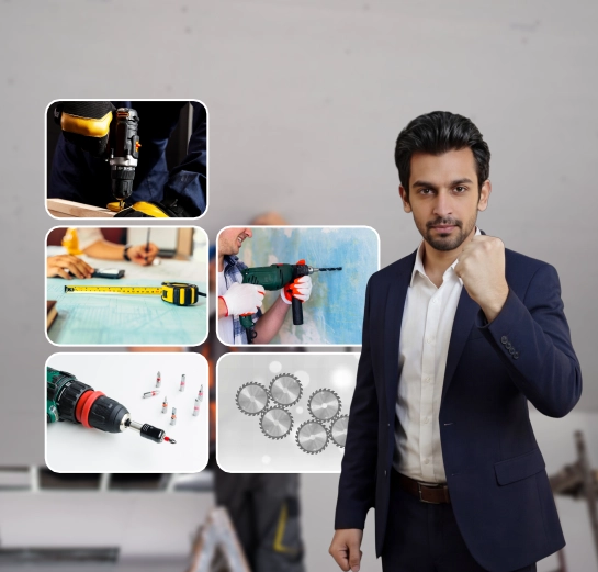 Construction professional with power tools, measuring equipment, drilling tools, and cutting accessories highlighting precision installation and workmanship