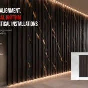 WPC Louver wall installation showcasing precise alignment, uniform spacing, and modern vertical design patterns for contemporary residential and commercial interiors