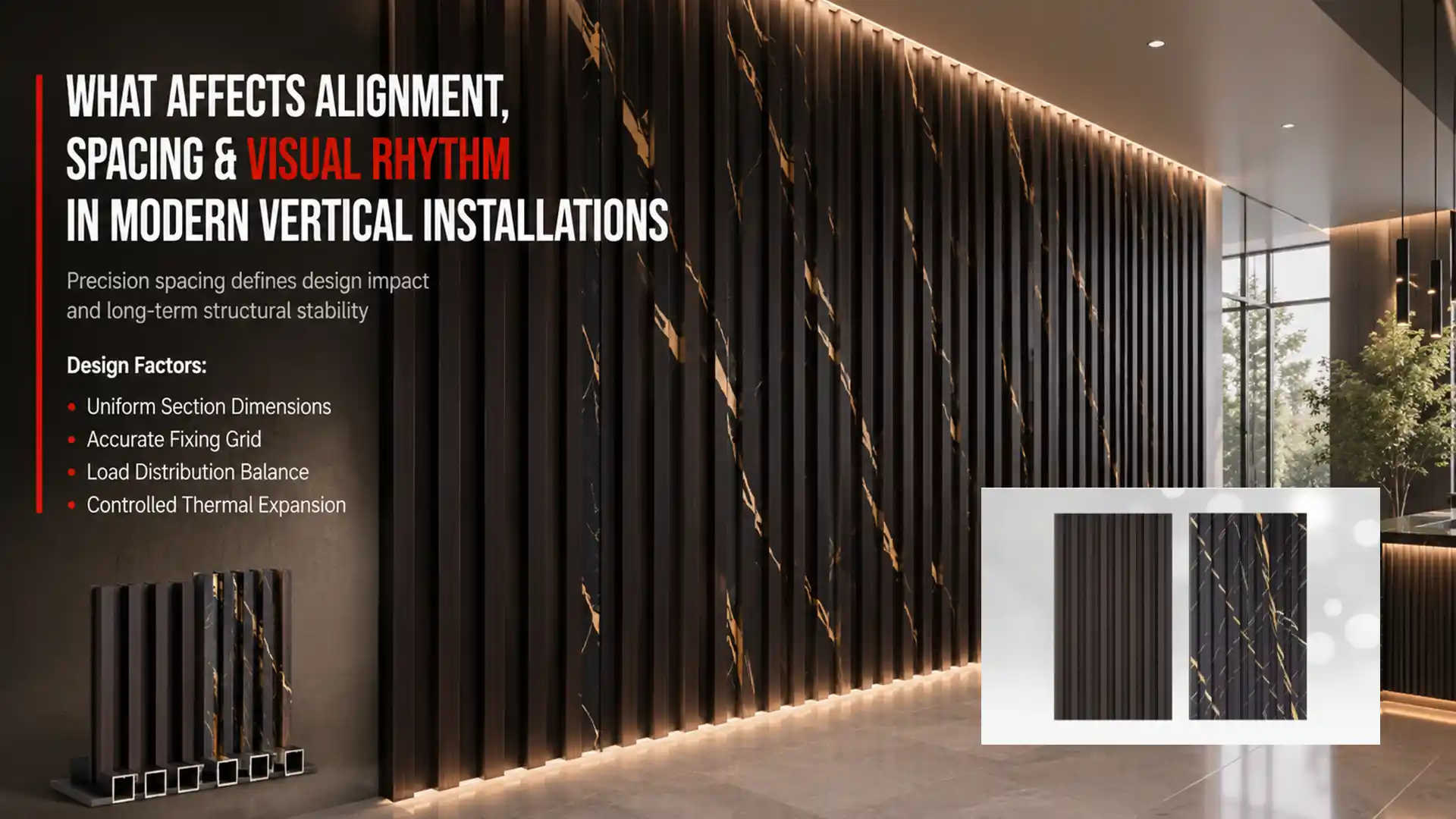 WPC Louver wall installation showcasing precise alignment, uniform spacing, and modern vertical design patterns for contemporary residential and commercial interiors