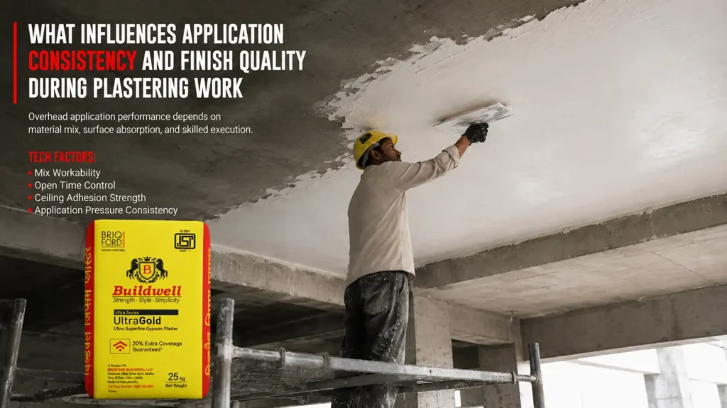 What influences application consistency and finish quality during plastering work
