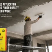Gypsum Plaster being applied on a ceiling to achieve a smooth surface, uniform finish quality, strong adhesion, and efficient plastering performance