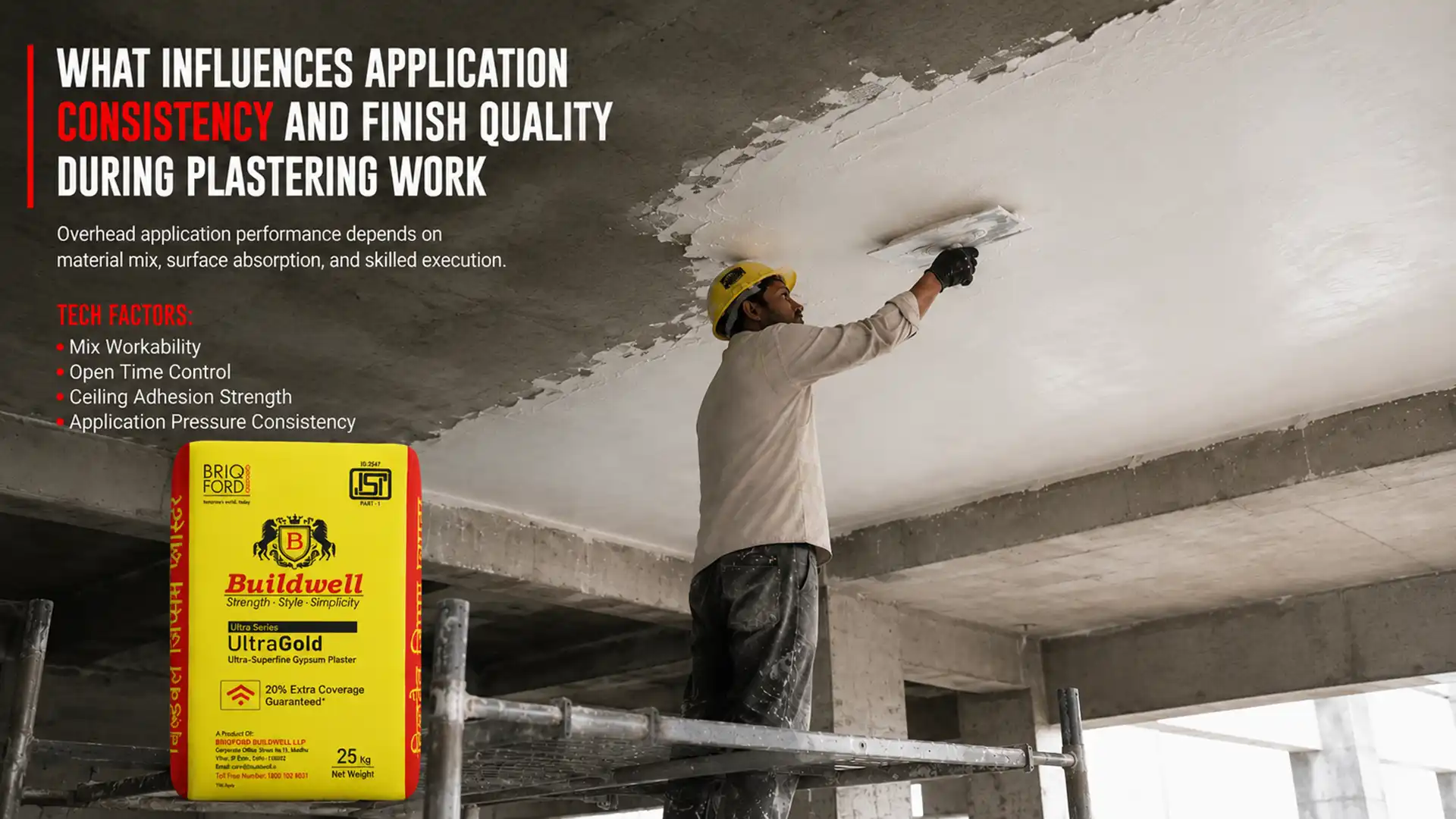 Gypsum Plaster being applied on a ceiling to achieve a smooth surface, uniform finish quality, strong adhesion, and efficient plastering performance
