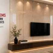 Modern living room featuring premium UV Sheet wall panels with a marble finish, showcasing durable, scratch-resistant decorative surfaces for contemporary interiors.