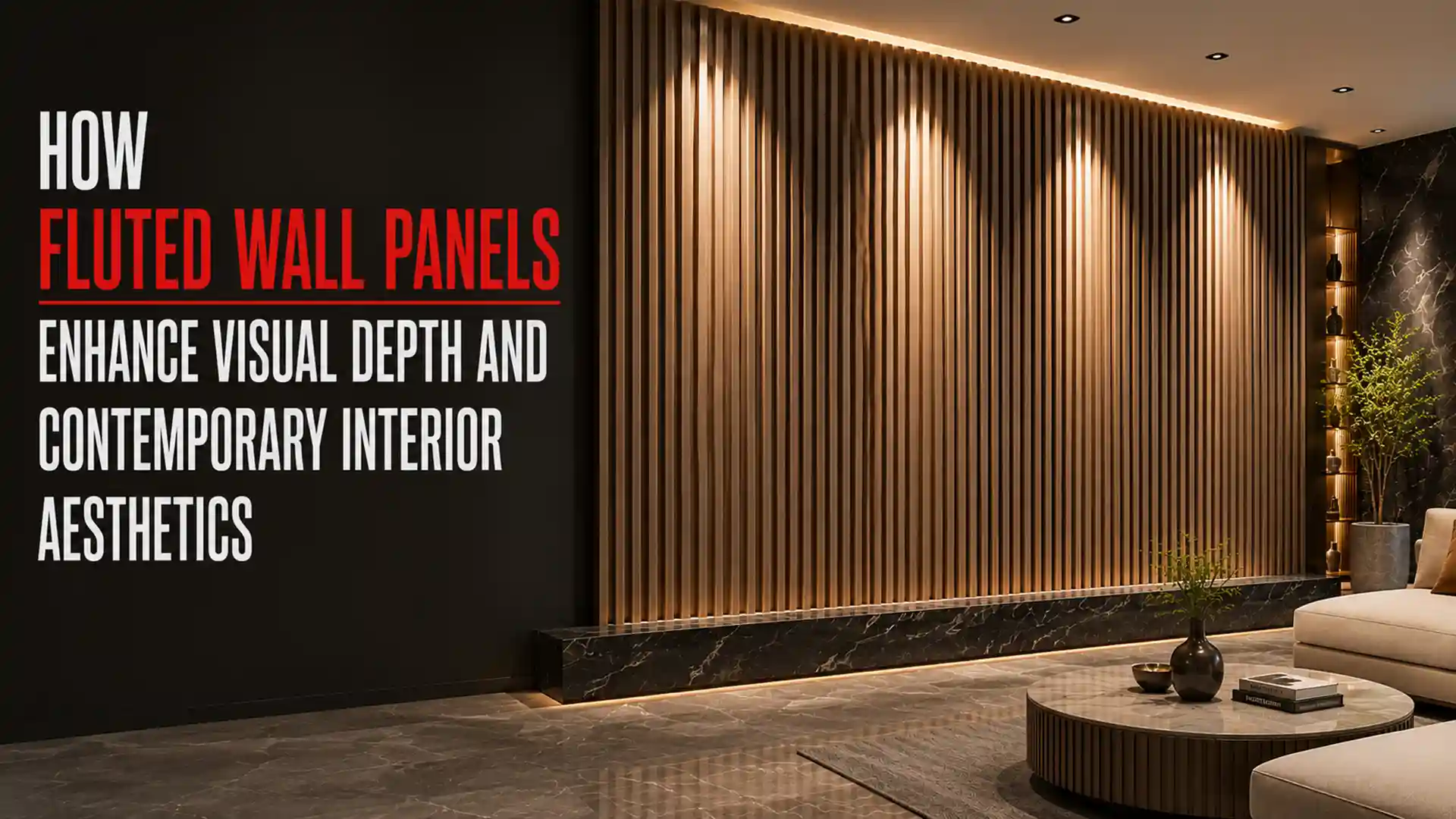 Modern living room featuring a premium PVC Fluted Panel accent wall that adds visual depth, elegant texture, and a contemporary finish with low-maintenance durability.