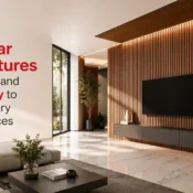 Modern living room featuring premium WPC Louvers on a TV accent wall, adding depth, texture, durability, and a contemporary architectural finish to the interior.
